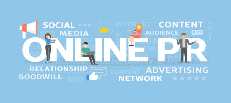A banner of saying 'online PR' with 'social media', 'content', 'advertising' and people sitting on and in the spaces of the banner