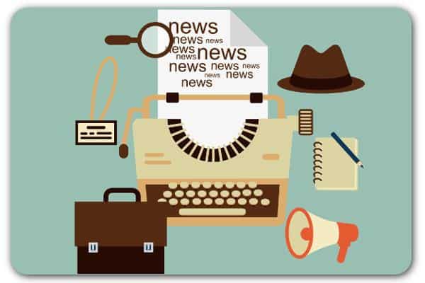 Cartoon a typewriter with a piece of paper with 'news' written all over it and a notepad and fedora hat