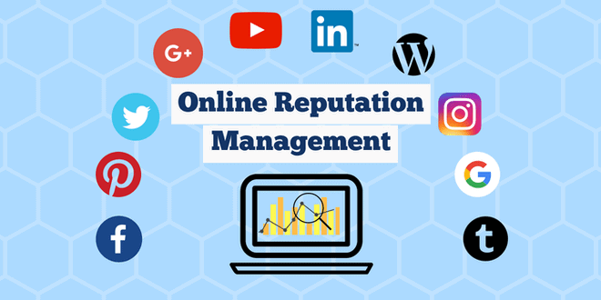 Hexagons on a blue background with popular company icons like Twitter, Facebook, Pinterest, Google, Youtube, Wordpress and LinkedIn in a semi-circle above a laptop with the title 'online reputation management'