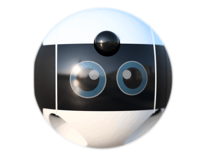 Image of an anthropomorphic robot from BemyOrby - a black and white ball with wide, cartoon eyes