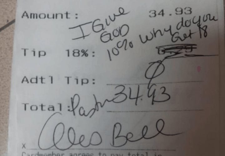 Receipt from customer at Applebee's that went viral for refusing to pay 18% service charge