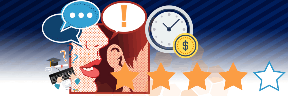 Striped blue background with a box with pop-art style mouth whispering text boxes into someone's ear. A four out of five star rating and floating logos of a clock and a dollar sign.