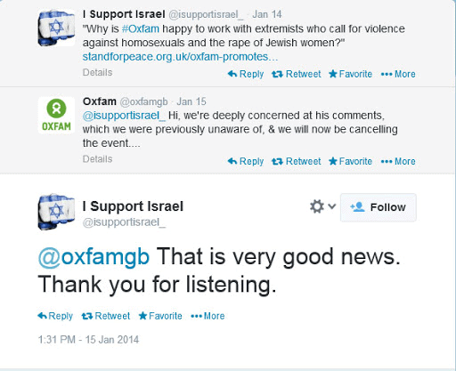 Tweet chain between Oxfam and Twitter account I support Israel