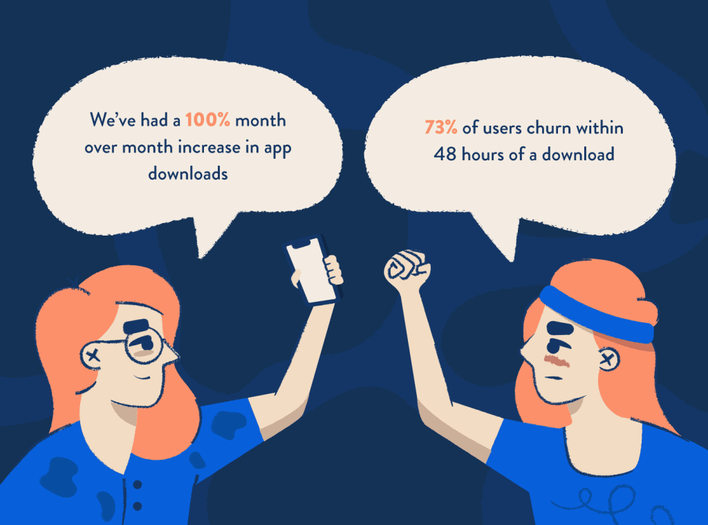 Two women who look the same (but one is wearing a headband and one is wearing glasses) raising their fists and arguing with each other about an increase in downloads versus customer churn