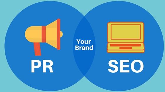 Venn diagram of PR (with a yellow megaphone) and SEO (with a yellow laptop) with 'your brand' in white text in the middle