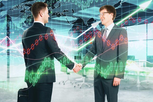 two men shaking hands in front of a graph