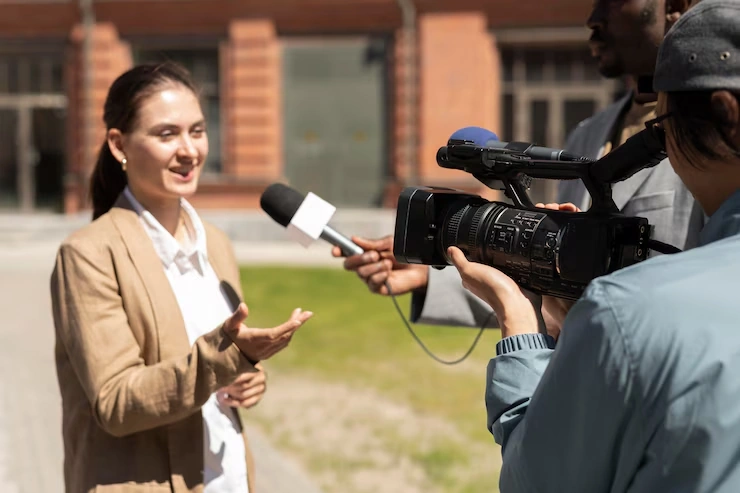 Professional spokesperson conducting media interview with news cameras and microphones for outreach management