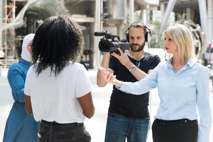 Professional media team conducting street interview for social media crisis management response
